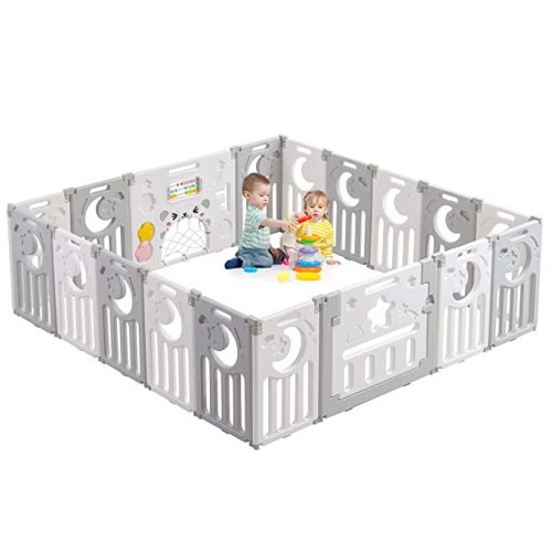 Baby Playpen Dripex Upgraded Foldable 18 Panels Kids Activity Center Play Yard Home NO Gaps for Baby Boys Girls Toddlers (Grey + White) - 18 Panel,Grey + White
