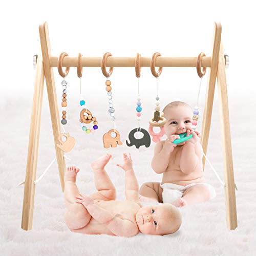 LaviElle Wooden Baby Gym Mobile Foldable 6 Hanging Bar Gym Toys Non Toxic Organic Vegan Newborn and Infant Activity Center for 0-1.5 Years Unique and Beautiful Style Gender Neutral Perfect Baby Shower