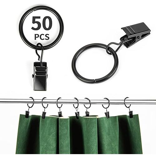 50PCS Curtain Rings with Clips - Curtain Clips Black Drapery Rings with Clips 1.26 inch Interior Diameter Curtain Rod Clip Metal Clip Rings for Decoration Craft Dispaly