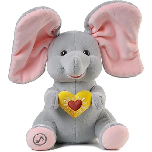 Peek a Boo Elephant Toy, Interactive Singing Plush Elephant Toy with Flapping Ears and Hearts, Musical Stuffed Animal for Babies and Toddlers
