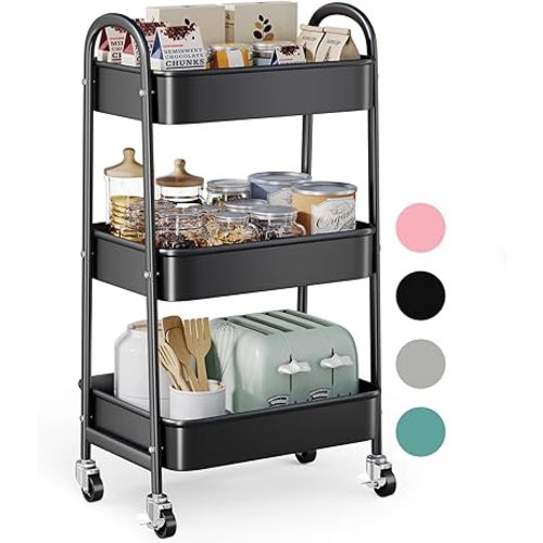 3 Tier Metal Rolling Cart with Wheels & Handle - Black