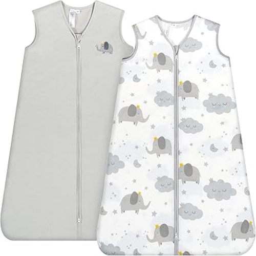TILLYOU Sleep Sack 12-18 Months - 0.5 TOG Baby Wearable Blanket with 2-Way Zipper, Extra Soft Cotton Sleeveless Sleeping sack 2 Pack, Grey Elephant & Cloud