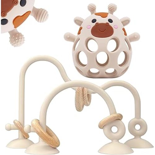 Baby High Chair Toys Teething Chew - Baby Table Toys, High Chair Suction Toy Teething Toys Silicone Teethers, Food Grade Silicon for 6 12 18 Months White