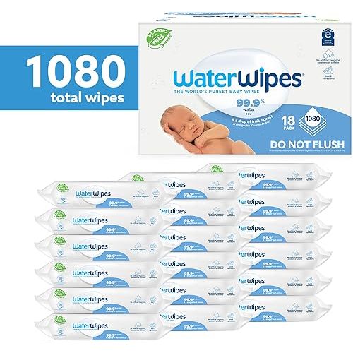 WaterWipes Plastic-Free Original Baby Wipes, 99.9% Water Based Wipes, Unscented & Hypoallergenic for Sensitive Skin, 1080 Count (18 packs)