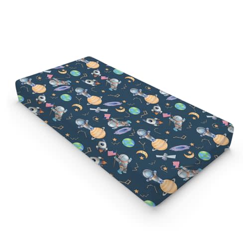 Cartoon Outer Space Galaxy Ship Astronaut Changing Pad Cover Cute Spaceman Moon Stars Changing Table Sheets for Baby Boy Girl Soft Breathable Stretchy Diaper Changing Pad Mats Cover 32''x16''