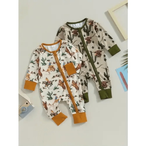 baby boys jumpsuit long sleeve cow/horse print zipped autumn - Temu