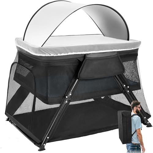 Lilian&Gema 2-in-1 Travel Crib, Portable Crib with Backpack, Lightweight Baby Travel Playpen, Foldable Play Yard with Thick Mattress for Babies & Toddlers, Baby Travel Essential