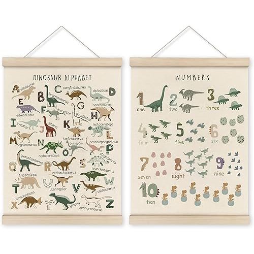 HRQKO Dinosaur Alphabet Poster Hanger Frame Set of 2, Dinosaur ABC Poster Wall Art with Wooden Frames, Alphabet Banner Wall Hanging Decor for Boys Room, 12x16 Inch