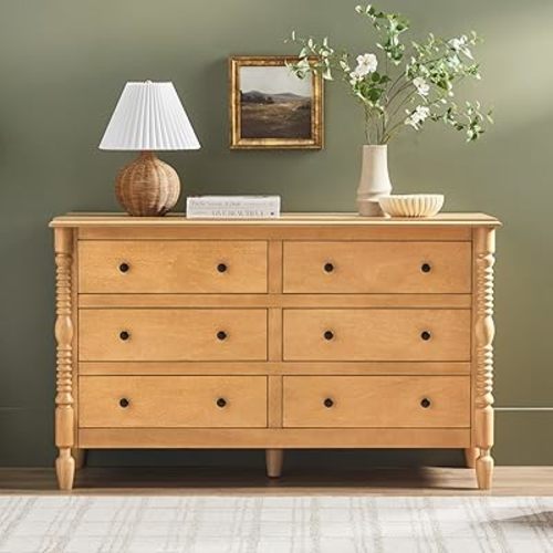 WALKER EDISON EZ Assembly™ Premium Traditional Solid Wood 6-Drawer Dresser, Vintage Chest of Drawers, Spindle Dresser, Quick Assembly Furniture, 54 Inch, Natural
