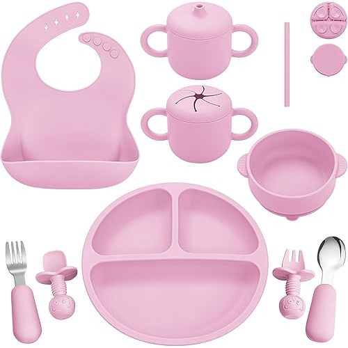 Silicone Baby Feeding Set, Baby Led Weaning Supplies, Eating Essentials Utensils with Suction Plate and Bowl, Pocket Bib, Sippy Cup with Lid, Forks Spoons Snack Container, for 6+ Months, Pink
