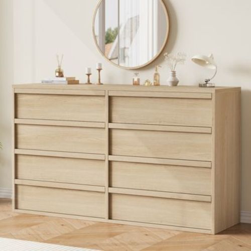 Whizmax 8 Drawer Dresser For Bedroom, 54" Wide Modern Double Dresser Organizer, Natural Chest Of Drawers For Living Room, Nursery And Hallway