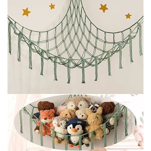 Stuffed Animal Hammock-Large Stuffed Animal Net For Toys Corner-Hanging Stuff Animal Toy Storage Organizer For Plush Plushie Display Yellow Girl Room Bedroom Boho Nursery Decor Toy Storage