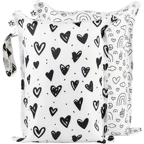 Tiny Twinkle Mess-proof Wet Bags 2 Pack Waterproof and Washable Bag for Travel storage, Stroller, Daycare, Baby Diapers, Yoga, Beach, Pool, Wet Toddler Swimsuits (Black,White)