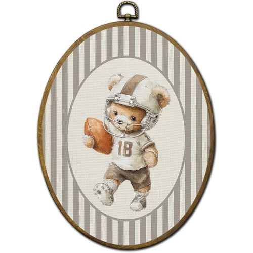 QZQE Football Bear Nursery Oval Wall Art Decor Framed, Sports Oval Canvas Prints, Bear Football Player Neutral Striped Animal Wall Hanging Decor for Kids Boy Toddler Room Playroom, 8.6x11.4 Inch