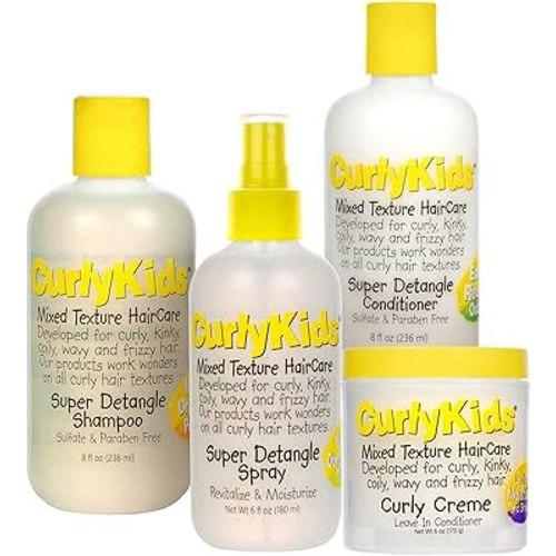 CurlyKids Textured Hair Care Set with Hair Detangler Spray, Kids Shampoo, Conditioner & Creme for Curly, Frizzy, & Wavy Hair | Sulfate & Paraben-Free Formula to Detangle, Hydrate, and Revitalize Curls