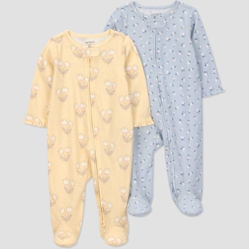 Carter's Just One You® Baby Girls' 2pk Floral Long Sleeve Sleep N' Play Footed Pajamas - Yellow/Blue Newborn