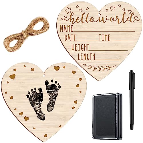 Thyle Baby Announcement Wooden Name Sign for Hospital Birth Double Sided Newborn Welcome Sign with Marker Pen and Ink Pad for Baby Shower Hand Footprints(Heart)