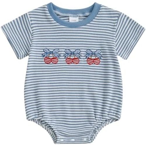 VISGOGO Unisex Baby Boy Girl Striped Romper Waffle Short Sleeve Bubble Oversized Romper Bodysuit Summer Onesie Clothes