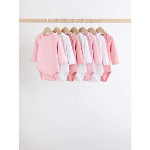 Pink/White 7 Pack Essential Long Sleeve 100% Cotton Baby Bodysuits