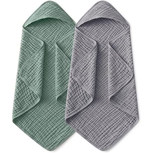 Yoofoss Hooded Baby Towels for Newborn 2 Pack 100% Muslin Organic Cotton Baby Bath Towel with Hood for Babies, Infant, Toddler and Kids,37.5"x37.5",Soft and Absorbent Newborn Essential,Grey&Dark Green