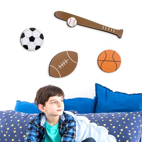 Briwooody 4 Pcs Wooden Sports Decor for Boys Bedroom Hanging Basketball Football Baseball Soccer Vintage Sports Wall Art for Boys Room Kids Nursery Playroom