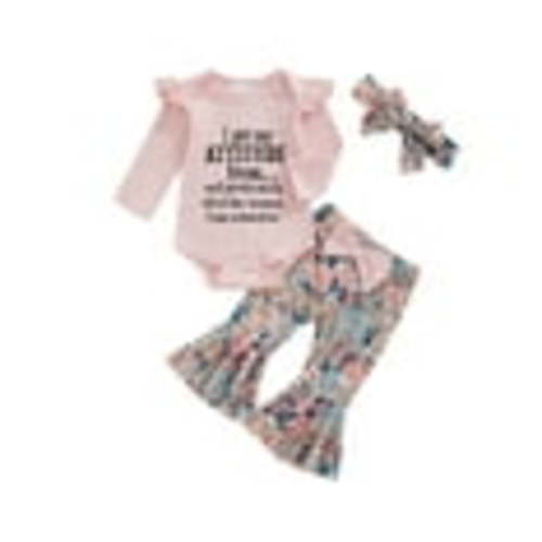 Wikideour Baby Girl 3 Piece Fall Outfit, Letter Print Long Sleeve Ribbed Romper Flower Flare Pants Tie Headband