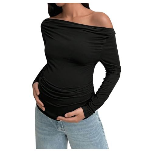 RoseSeek Women's Off The Shoulder Maternity Tops Long Sleeve Slim Fit Ruched Stretchy T Shirts Pregnancy Tees