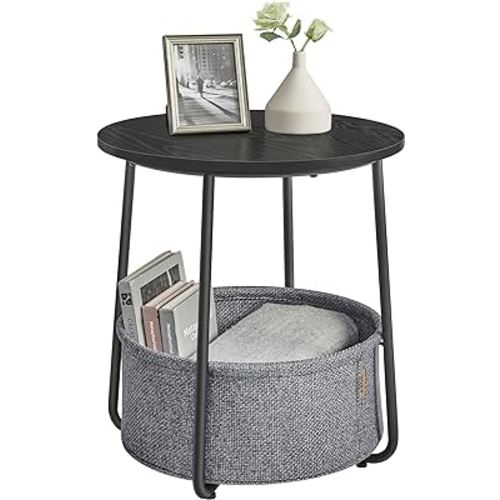 VASAGLE Small Round Side End Table, Modern Nightstand with Fabric Basket, Bedside Table for Living Room Bedroom, Ebony Black and Slate Gray ULET223B01