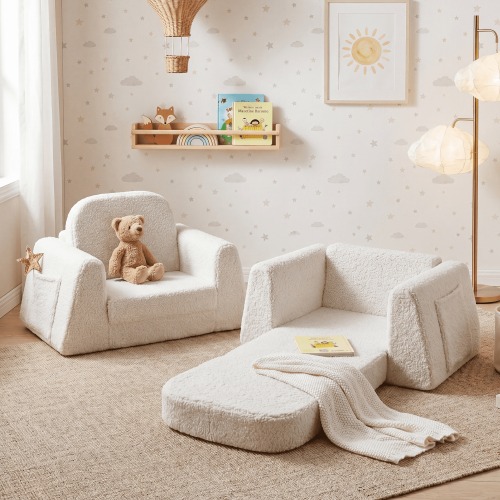 2-in-1 Toddler Sofa Chair & Lounger, Reinforced Angled Armrests, Plush Sherpa Fabric, Flip-Open Folding Design with Side Pocket, White