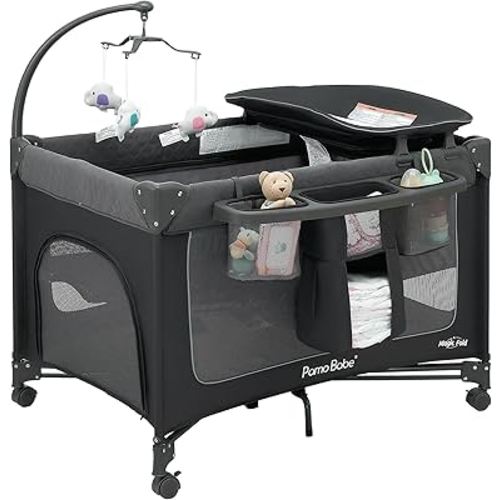 Pamo Babe 1-Second Setup 3-in-1 Playard for Babies - Heavy-Duty Steel Frame for Safe Sleep Space, Portable Crib with Zip Door & Changing Table, Locking Wheels, Breathable Mesh