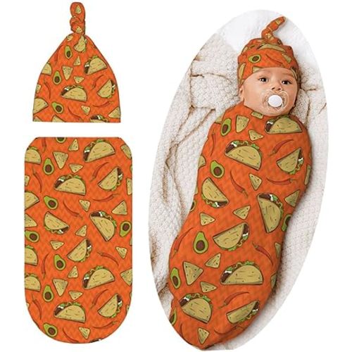 Burrito Tortilla Taco Swaddle Blanket with Hat Set, Soft Newborn Swaddle Sack Outfit Shower Funny Gift for Boys and Girls
