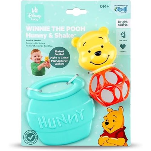 Bright Starts Disney Baby Winnie The Pooh Hunny & Shake Rattle & Teether, Stroller Toy for On The Go, Newborns & Up