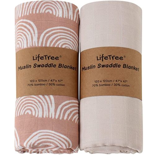 LifeTree Muslin Baby Swaddle Blankets, Baby Swaddling Neutral Receiving Blanket for Boys & Girls, 70% Viscose from Bamboo & 30% Cotton, Large 47 x 47 inches Rainbow & Ivory White - Rainbow & Fog