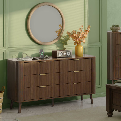 George Oliver 6 Drawer Dresser for Bedroom, Mid Century Modern Dressers, 57" Wide Wood Dresser TV Stand, Curved Profile Design for Closet, Bedroom Living Room, Hallway, Entryway, Home Office & Reviews | Wayfair