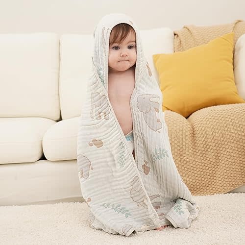 Ultra-Soft Muslin Baby Hooded Towel - 32 x 32 Inches, Ideal for Bath & Beach, Suitable for Both Boys & Girls from Newborns to Toddlers