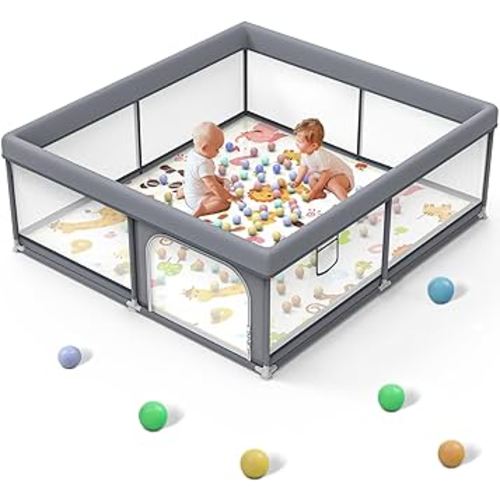 Large Baby Playpen, Sturdy Safety Baby Playard for Babies and Toddlers, Wrap Around Cushion Design and Soft Breathable Mesh Play Pen, Baby Activity Center with 8 Suction Cup Bases (50"x50")