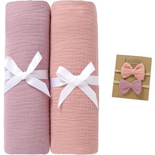 2 Pack Muslin Swaddle Blankets with Headband Set 47x47 in,Large Size 100% Organic Cotton Muslin Baby Blanket for Newborn,Nursery Baby Receiving Blankets for Boys and Girls (Violet+Pink)
