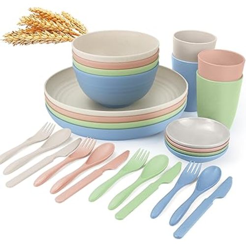 wheat straw bowls,plates,cups and cutlery sets 28 pcs - Unbreakable Dishwasher Safe dinnerware sets service for 4 - Ideal dish sets for kitchen, camping, indoors and out doors.Nordic