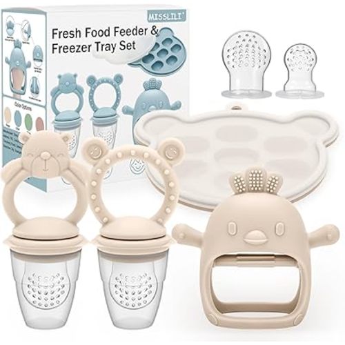 4 Pack Silicone Teething Mitten for Babies with Baby Fruit Food Feeder & Freezer Tray Set, BPA Free Infant Teething Relief Toy for 3 Month+, Additional Silicone Sacs (Bear&Smile Beige)