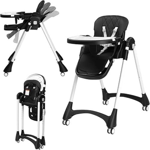 JOYMOR Foldable Baby High Chair, 4 in 1 Convertible Highchair for Eating, Height Adjustble and Multiple Seat Position, Compact Foldable Design for Easy Storage (Black)