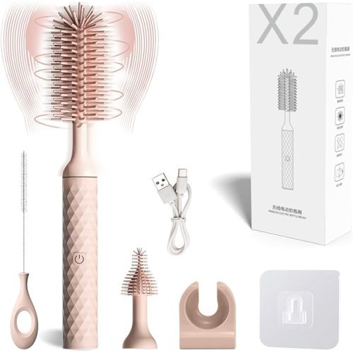 QIUXQIU Electric Bottle Brush Baby Bottle Brush Nipple Brush Straw Cleaner Brush,Rechargeable Battery Electric Baby Bottle Cleaner,for Pregnant Women and New Mom (Pink)