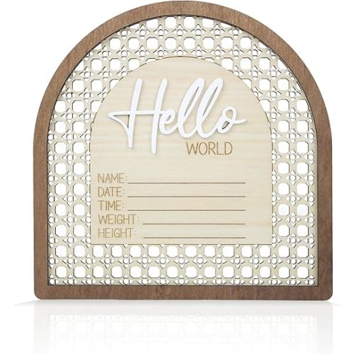 Baby Announcement Sign 6.5 Inch Wooden Hello World Newborn Welcome Sign Birth Baby Name Plaques for Photo Props Shower Hospital Nursery (Rattan)