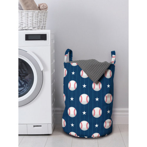 East Urban Home Sports Laundry Bag, Baseball Patterns On Vertical Striped Background Stars Design, Hamper Basket With Handles Drawstring Closure For Laundromats, 13" X 19", Night Blue Red White | Wayfair