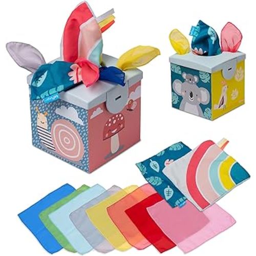 Taf Toys Sensory Crinkle Tissue Box for Toddlers. STEM Montessori Toy with Colorful Soft Scarves and Crinkling Blankies