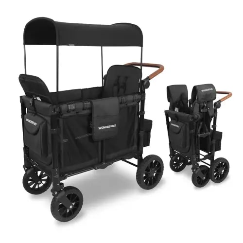 WONDERFOLD W2 Luxe Stroller Wagon (2 Seater) - Collapsible Wagon Stroller with Seats with Magnetic Buckle 5-Point Harnesses and Adjustable Sun Canopy, Volcanic Black