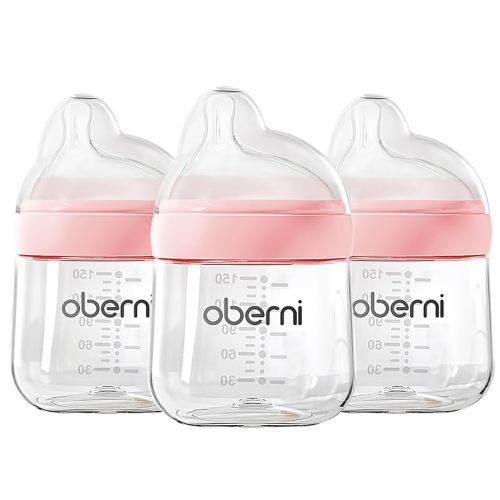 Oberni Baby Bottles with Natura Flow Off-Centered Nipple for 0+ Months, Anti Colic Newborn Milk Feeding Bottle, 150ml/5oz/Pink/3Pack