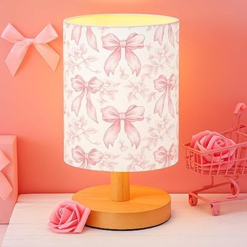 VIHOSE Floral Bow Kids Table Lamp for Bedroom Kids Bedside Lamp with Linen Wooden Nightstand Cartoon Nursery Lampshade for Girls Boys Living Room