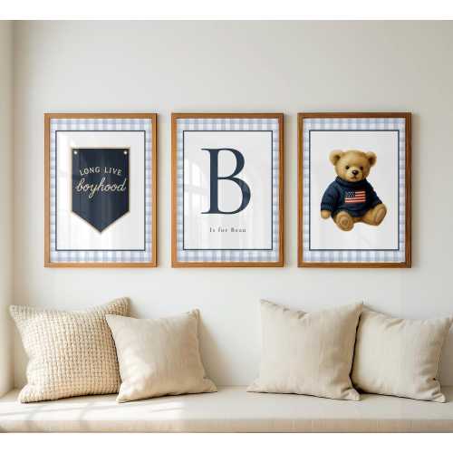 Boy Nursery Wall Art Set: Vintage Teddy Bear, Blue Plaid, Initial Print