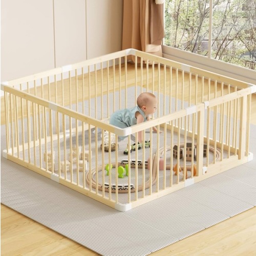 Large Wooden Baby Playpen, Adjustable Gate for Toddler and Babies, Foldable Baby Fence Play Yard with Door, Safe Play Area Kids Activity Center Indoor Outdoor (56 * 56 * 24 Inch)