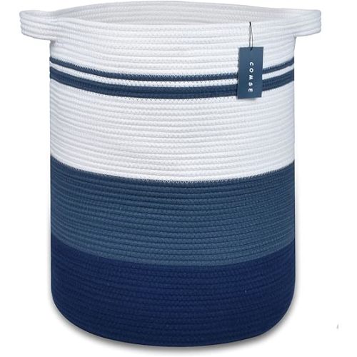 COMSE Extra Large Blanket Basket, Tall Laundry Basket, Nursery Hamper, 15.7”x 21.7”, Cotton Rope Woven Laundry Hamper for Storage Toys Clothes Towels, Gradient Blue